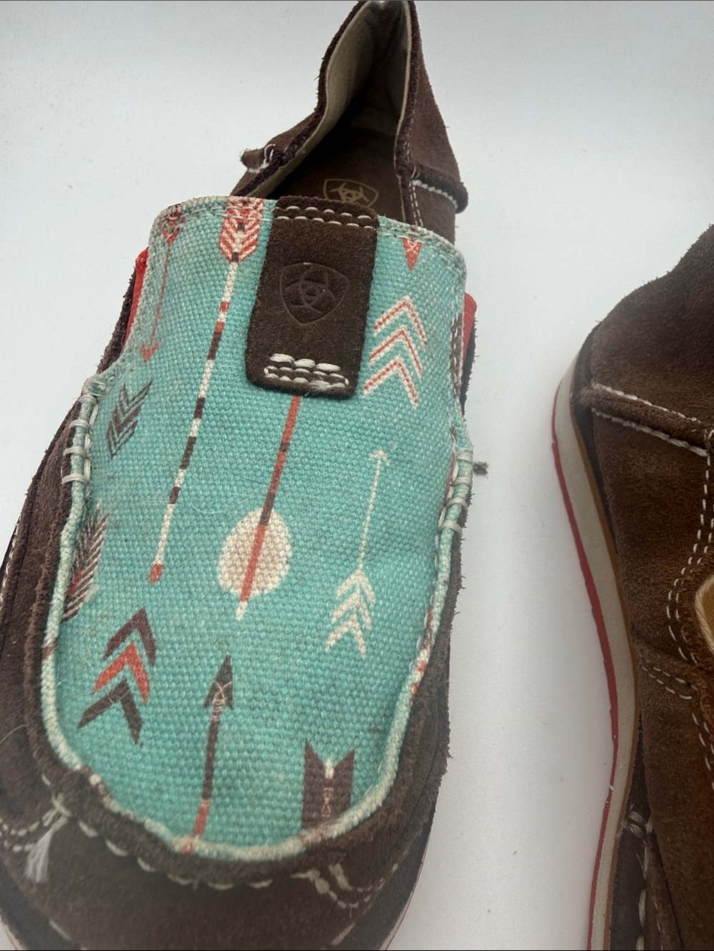 Ariat Teal Arrow-Print Slip-On Shoes with Brown Trim - Picture 6 of 11